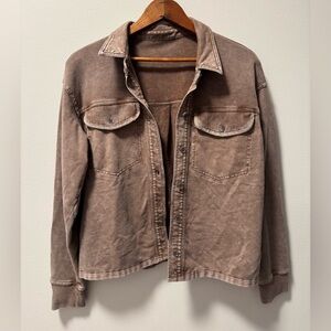 Waffle Knit Acid Wash Distressed Mocha Brown Button-Up Jacket Top Small